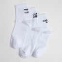Three white socks with black text on top of the heel