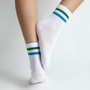 White crew socks with green-blue stripes