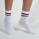 White crew socks with red-black stripes