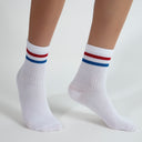 White crew socks with red-blue stripes