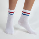 White crew socks with red-blue stripes