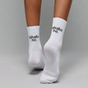 White socks with the "hahaha no" message on the back